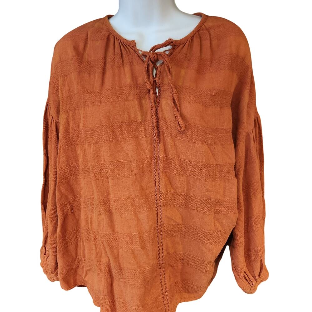 Covetblan‎ Cotton Linen Puff Sleeve Camel Colored Top Size Med